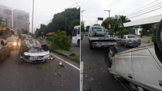 Em Manaus, carro capota após motorista desviar de cachorro e passageiro fica ferido