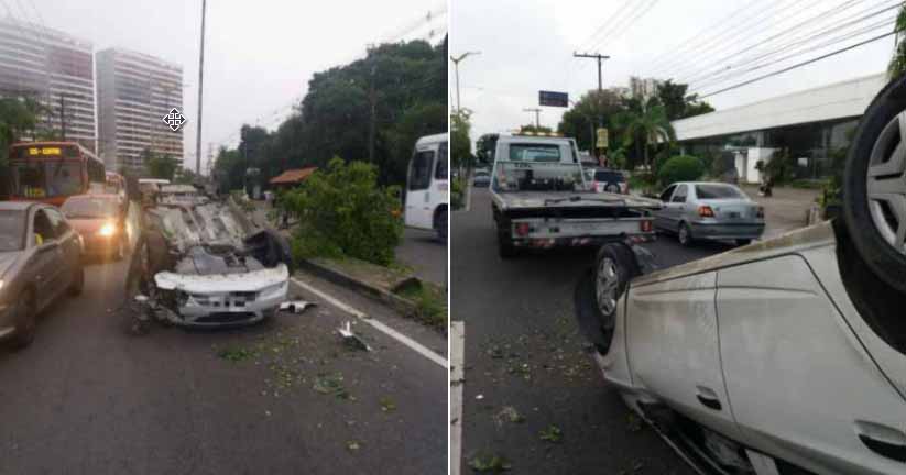 Acidente ocorreu na manhã desta quarta (Foto: Reprodução/Twitter) Em Manaus, carro capota após motorista desviar de cachorro e passageiro fica ferido