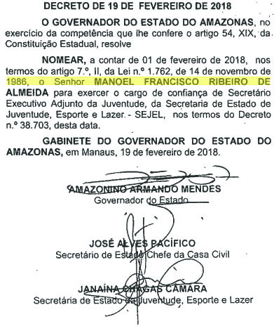 Decreto com nomeação de Manoel Almeida