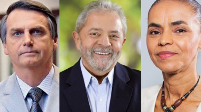Lula aparece na frente, seguido por Bolsonaro e Marina Silva