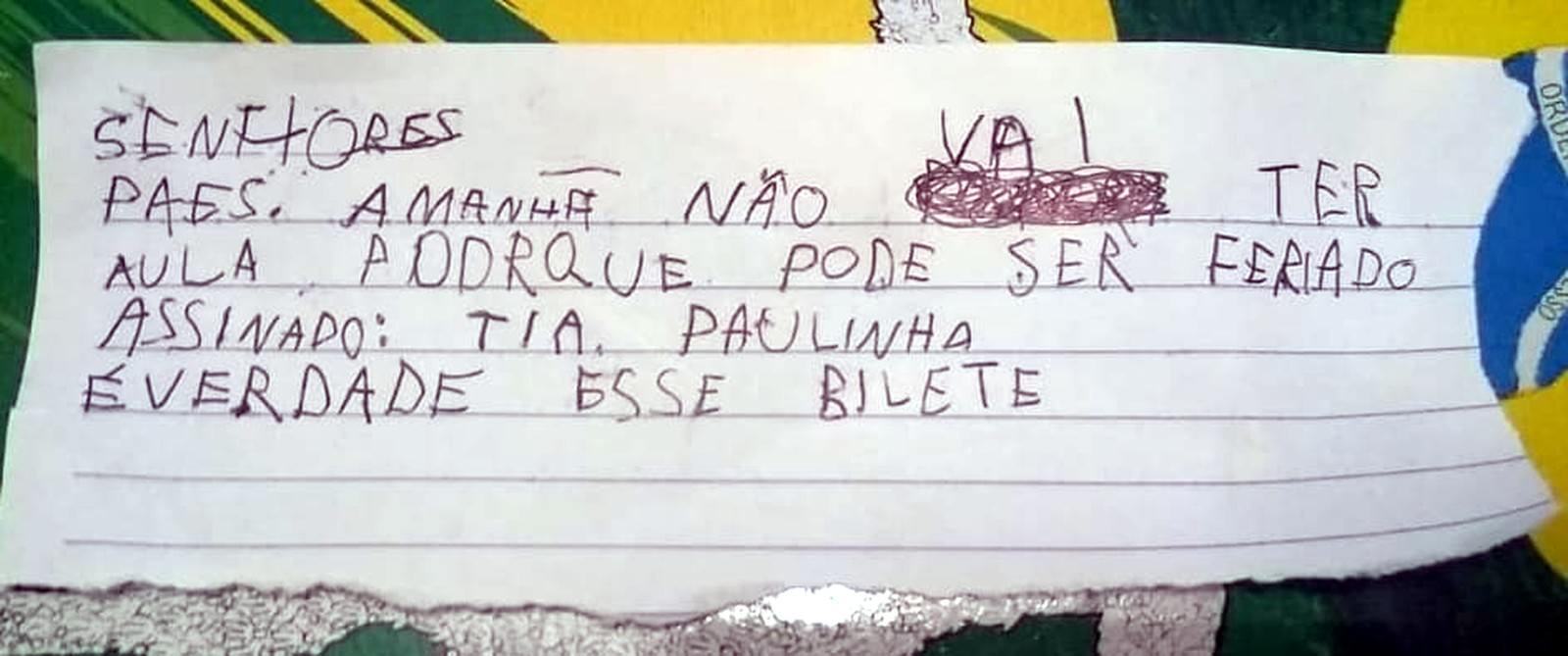 Menino de 5 anos manda bilhete em nome da professora para não ir à escola