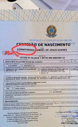Pai fanático pelo Corinthians põe nome do filho de ‘Corinthienzo’