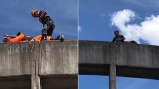 Bombeiros resgatam homem bêbado no alto de viaduto; veja vídeo