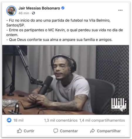 Bolsonaro lamenta morte de Mc Kevin nas redes sociais
