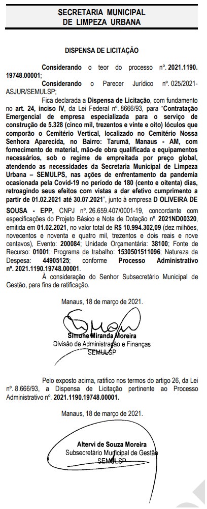 Do total, o valor de R$ 8,2 milhões já foi pago à empresa contratada; ontem, o Amazonas não registrou nenhuma morte por covid-19