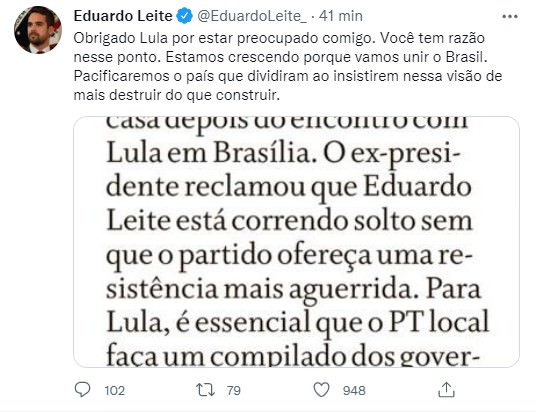 Eduardo Leite rebate Lula