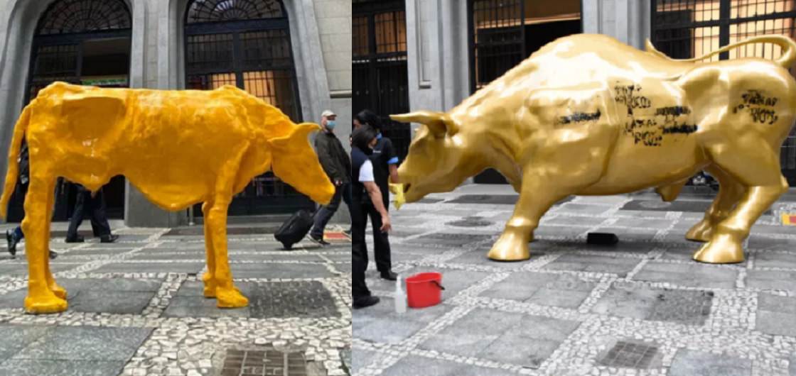 ‘Vaca magra’ substitui ‘Touro de Ouro’, mas é retirada de frente da Bolsa de SP
