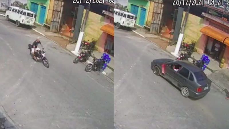 Cenas fortes: vídeo mostra perna de motociclista pendurada em carro após acidente