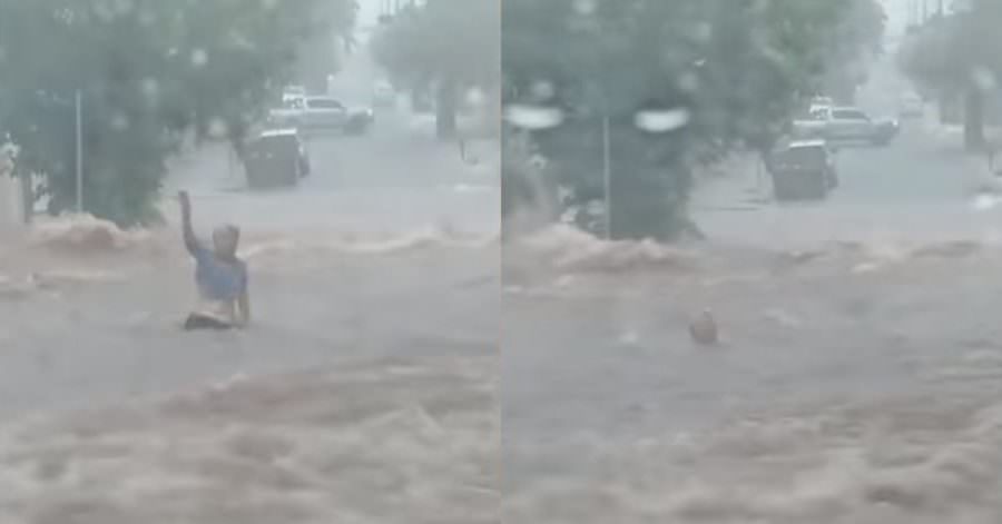 Vídeo: idosa é levada por enxurrada durante forte chuva
