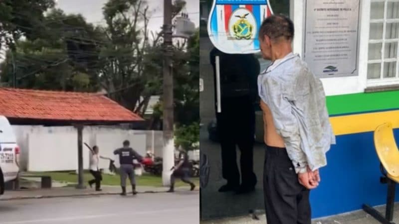 Vídeo: idoso ameaça populares e ataca policiais com terçado em Manaus