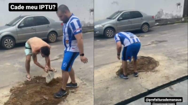 Moradores tapam buracos em rua do Parque Dez e reclamam de David Almeida: 'me bloqueou'