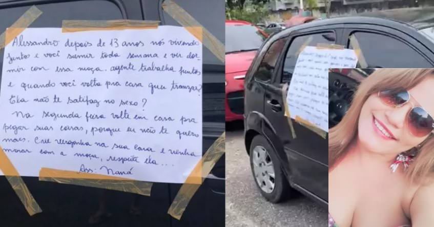 Esposa traída cola cartaz no carro do marido em Belém: ‘crie vergonha’