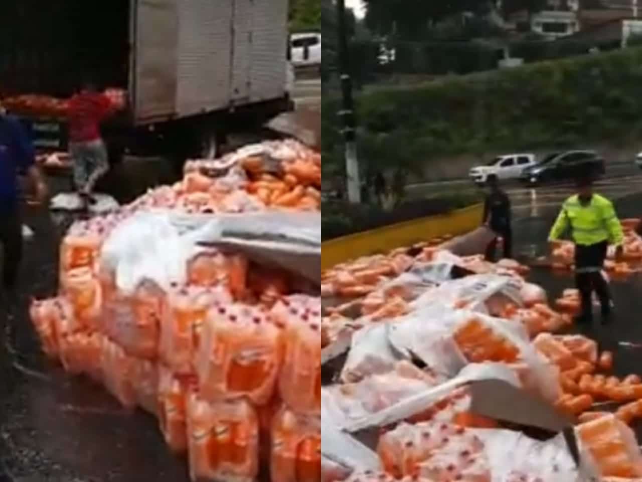 Carga de refrigerante cai em avenida de Manaus durante forte chuva