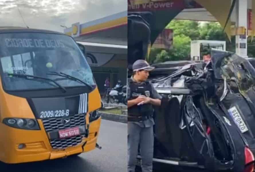 Carro capota após colisão com ‘amarelinho’, deixando passageiros feridos em Manaus