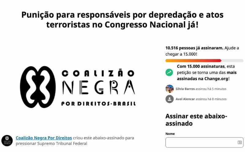 Abaixo-assinado pede punição a envolvidos em atos terroristas em Brasília