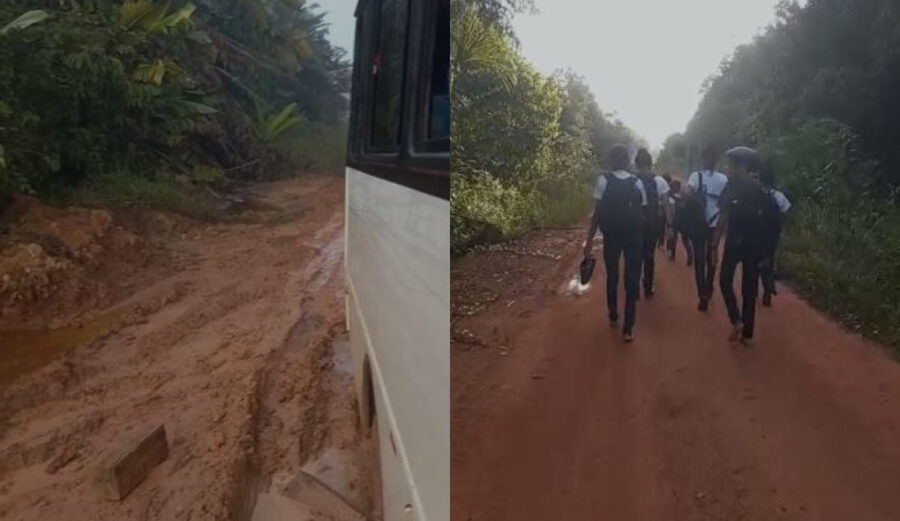 Vídeo: ônibus escolar fica atolado em ramal de Presidente Figueiredo