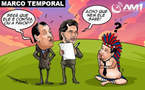 Charge do dia 7 de junho de 2023 sobre os senadores do Amazonas e o Marco Temporal