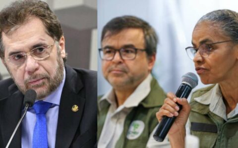 Imagem colorida mostra a esquerda Plínio Valério e a direita Mauro Pires e Marina Silva