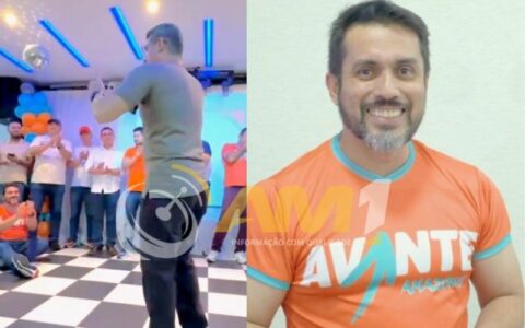 Imagem colorida mostra David Almeida discussando em congresso do Avante Jovem e a direita Jack Serafim com a camisa do Avante .