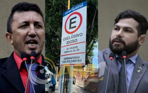 Imagem colorida mostra os vereadores Sassá e Capitão Carpê e ao meio uma placa do Zona Azul
