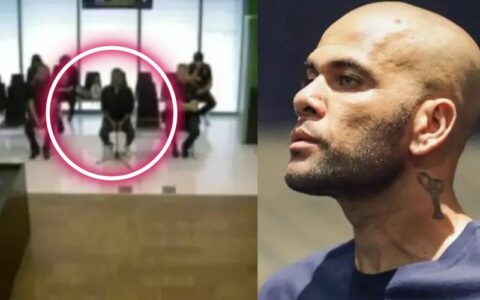 Imagem colorida mostra a esquerda a única imagem feita de Daniel Alves desde que foi preso, em uma audiência
