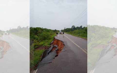 Imagem colorida mostra Pista cedida na BR-174 entre os quilômetors 1.045 e 1.046