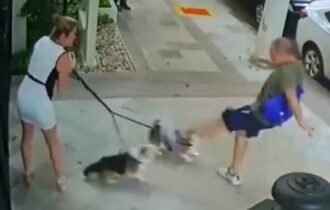 Imagem colorida mostra frame de vídeo de homem chutando cachorros