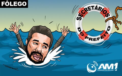 Imagem colorida mostra uma charge onde o vereador Fransuá aparece se afogando em águas e uma boia salva-vidas surge com a escrita secretários do prefeito