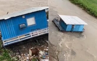 Casa é arrastada para igarapé durante chuva deste domingo em Manaus