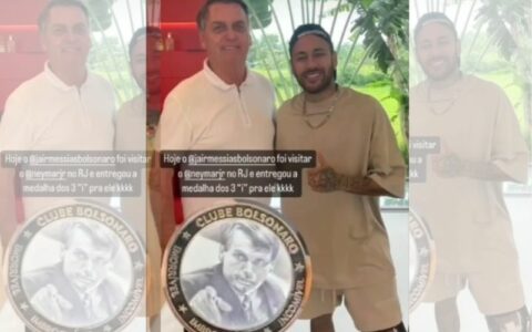 Imagem colorida mostra Jair Bolsonaro ao lado de Neymar Júnior pousando para foto