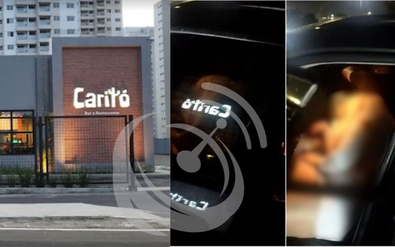 Imagem colorida mostra a esquerda o bar Caritó e a direita cenas do crime