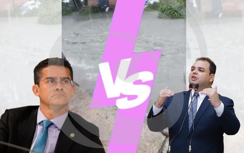 Imagem colorida mostra uma arte de David Almeida com Roberto Cidade e ao fundo um frame do vídeo publicado onde uma forte chuva alaga uma rua de Manaus