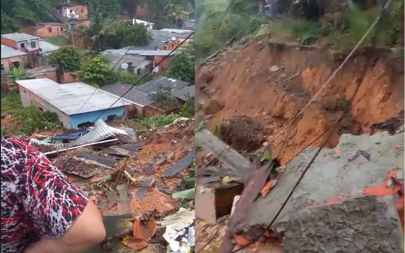 Casas e barrancos desabam durante forte chuva em Manaus