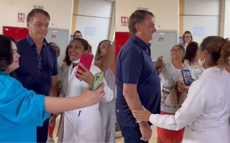(Fotos: Reprodução/Redes sociais - @capitaoalbertoneto) Funcionários e pacientes de hospital em Manaus tietam Bolsonaro