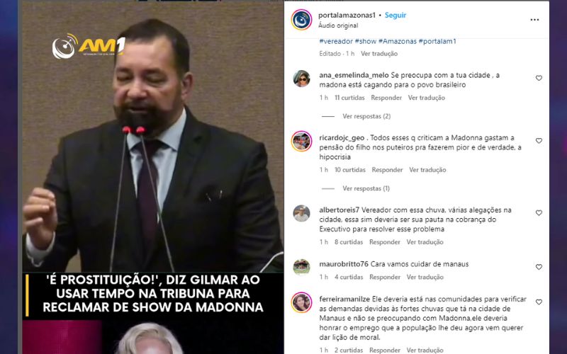 Vereador Gilmar Nascimento critica show de Madonna no rio de Janeiro (Foto ReproduçãoRedes Sociais)