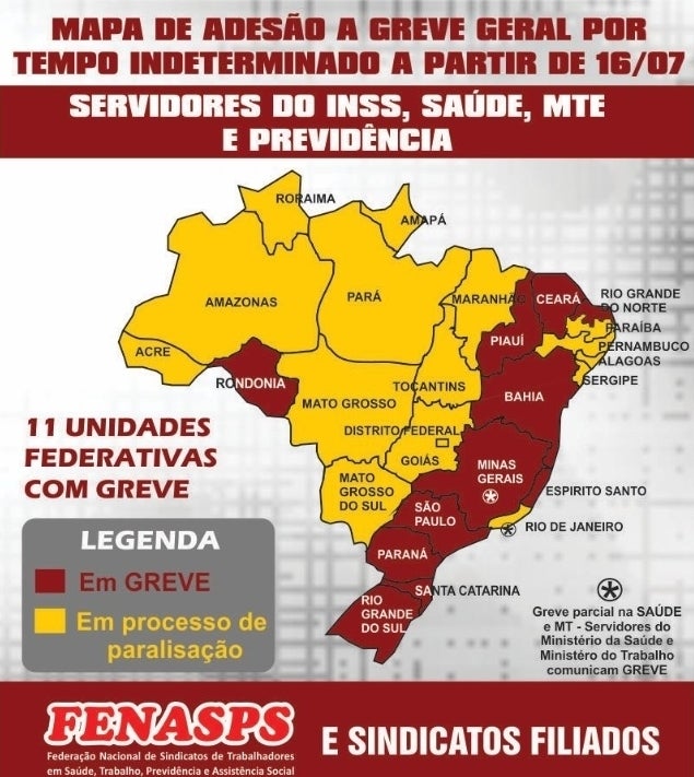 Mapa da greve do INSS 