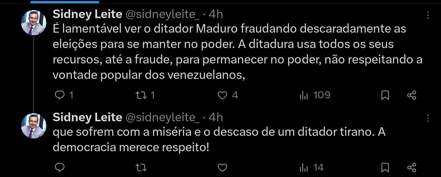 Posicionamento do deputado federal Sidney Leite sobre as eleições da Venezuela