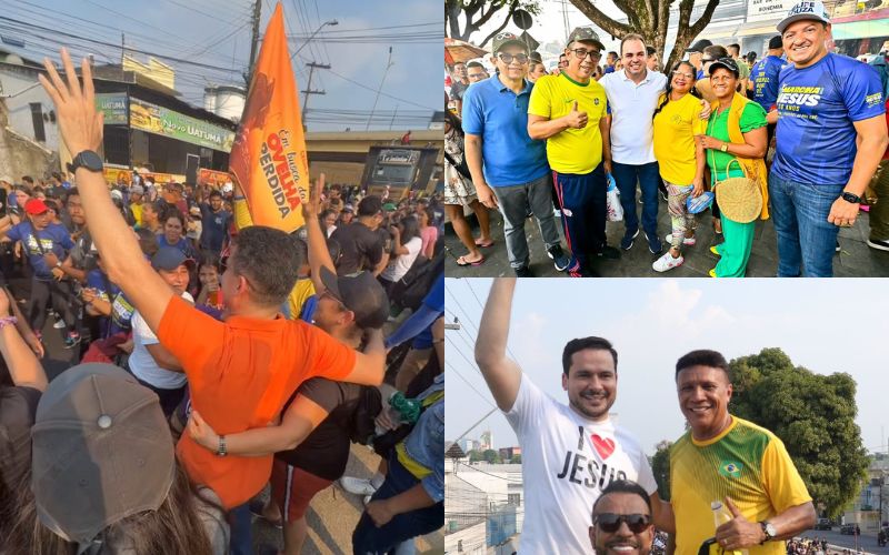 (Foto: Reprodução/Redes Sociais Alberto Neto, Felipe Souza e Izabele Fontenele) Candidatos a prefeito de Manaus participam de Marcha para Jesus