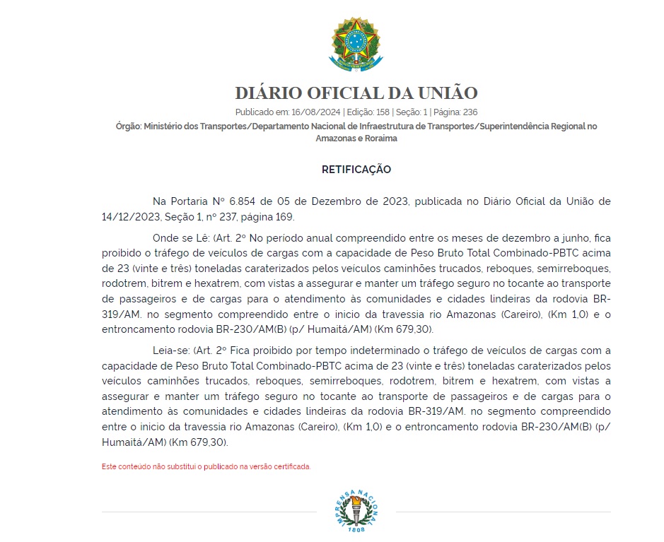 Portaria sobre restrição de cargas acima de 23 toneladas