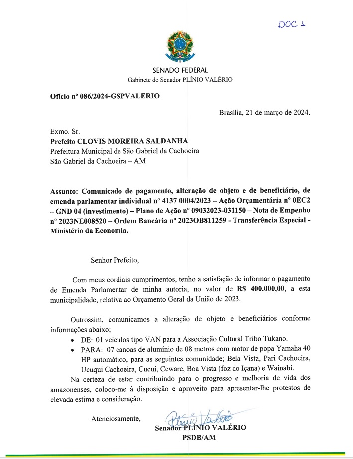 Comunicado de pagamento de emenda parlamentar ao município de São Gabriel da Cachoeira