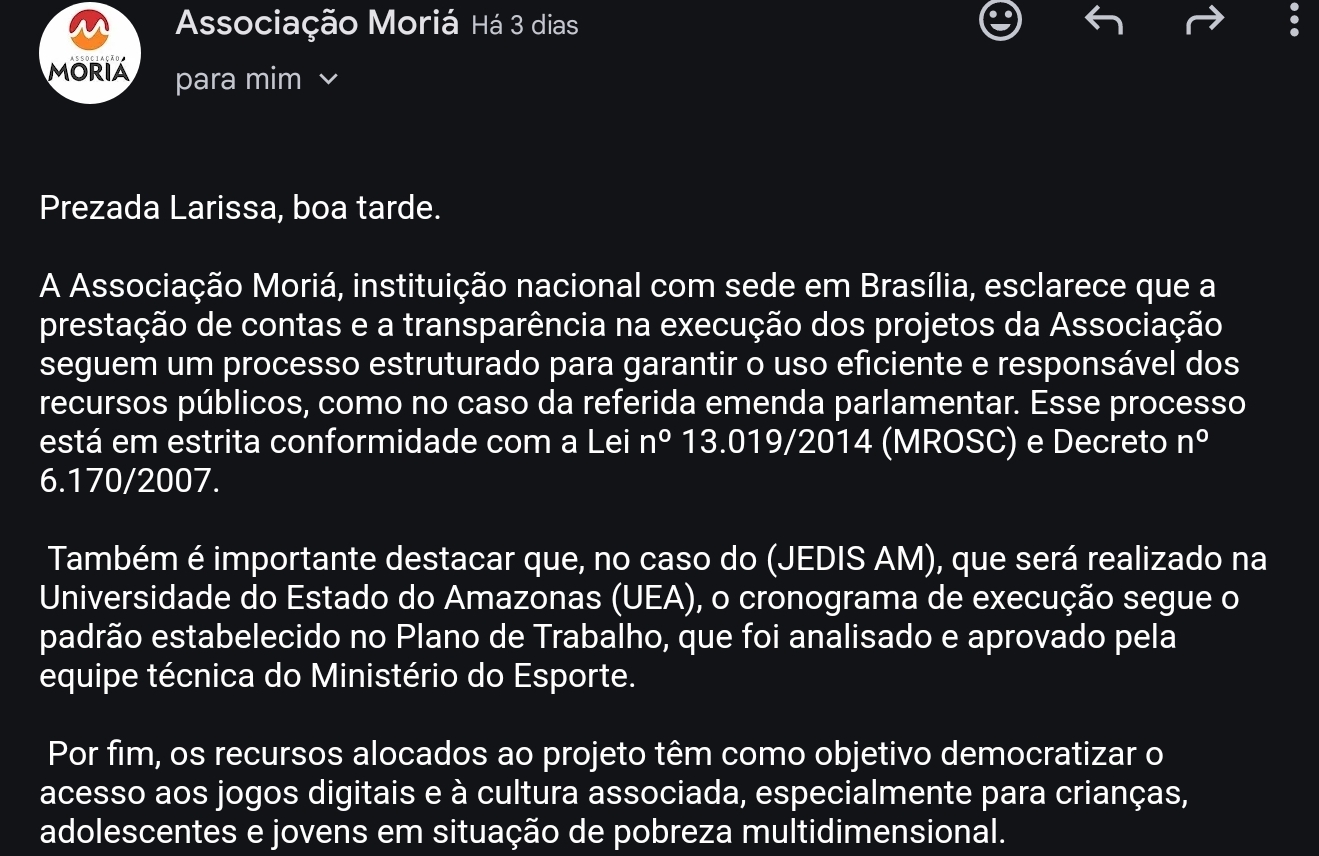 Nota da associação Moriá sobre o recebimento das emendas de parlamentares do Amazonas