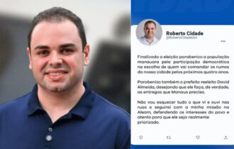Roberto Cidade parabeniza reeleição de David Almeida em postagem de rede social