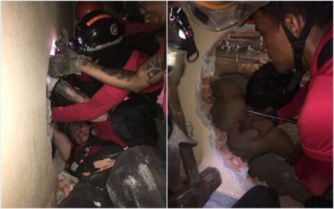 Bombeiros resgatam homem preso entre paredes de duas casas no Lírio do Vale
