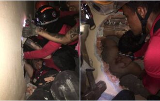 Bombeiros resgatam homem preso entre paredes de duas casas no Lírio do Vale