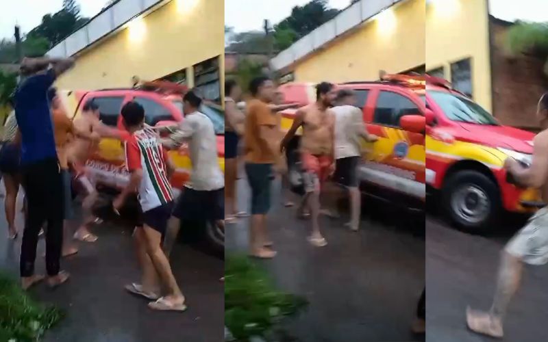 Foto: Reprodução / redes sociais Revolta: moradores afetados com a chuva atacam viatura do Corpo de Bombeiros