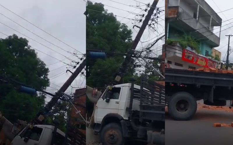 Foto: Reprodução / redes sociais Caminhão perde controle, derruba poste e destrói muro de casa na zona Centro-Sul