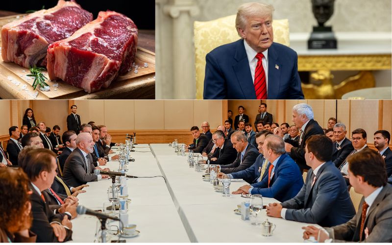 (Foto montagem: Divulgação-Abiec/RS/Fotos Públicas/ Ricardo Stuckert / PR)
Associação observa tarifas de Trump, mas aposta no crescimento das relações comerciais