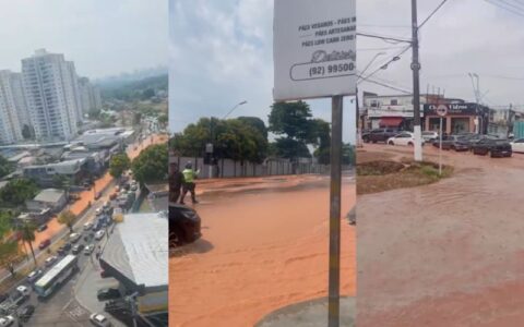 Rompimento de adutora alaga avenida e complica trânsito na Zona Oeste de Manaus