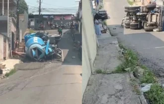 Carreta carregada de concreto tomba durante subida em ladeira de Manaus