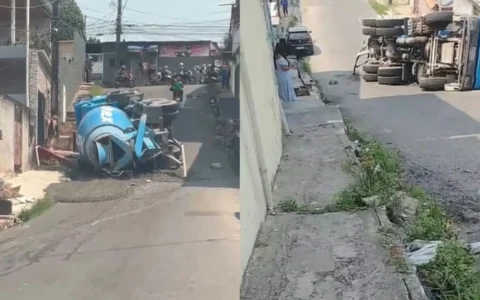 Carreta carregada de concreto tomba durante subida em ladeira de Manaus